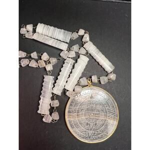 Vintage white onyx Aztec sundial 24 inch pendant necklace